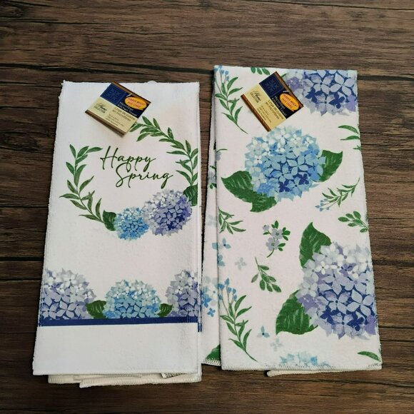 Happy Spring Hydrangea Kitchen Set, 2 Towels Oven Mitt 2 Potholders, Cottagecore - Picture 3 of 8